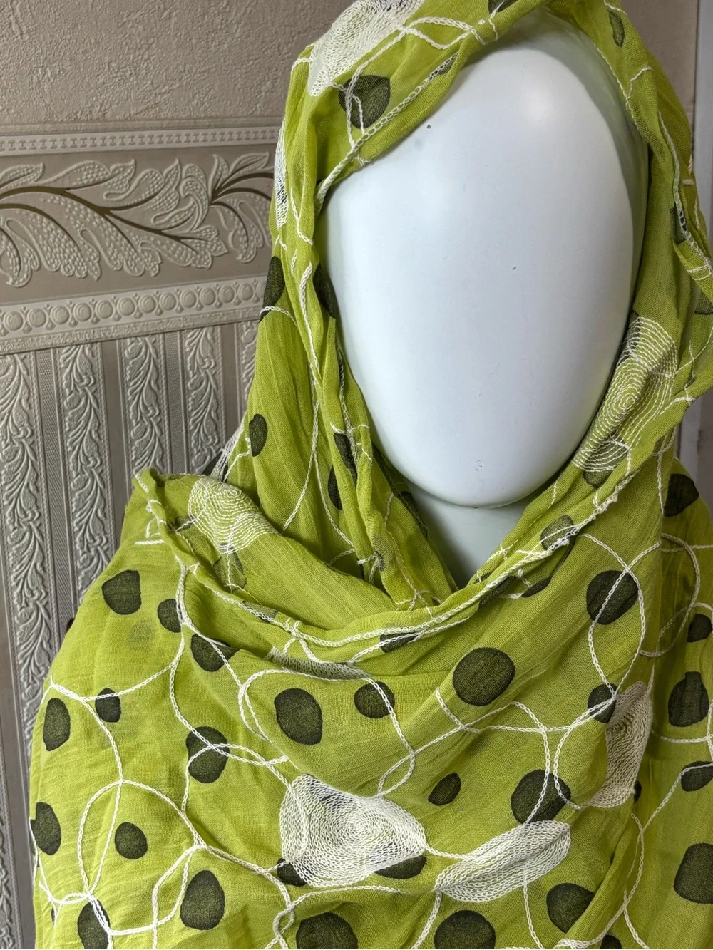 Tickled Pink 100% cotton Lime Green Polka Dot Scarf/ White Embroidery & Tassels
